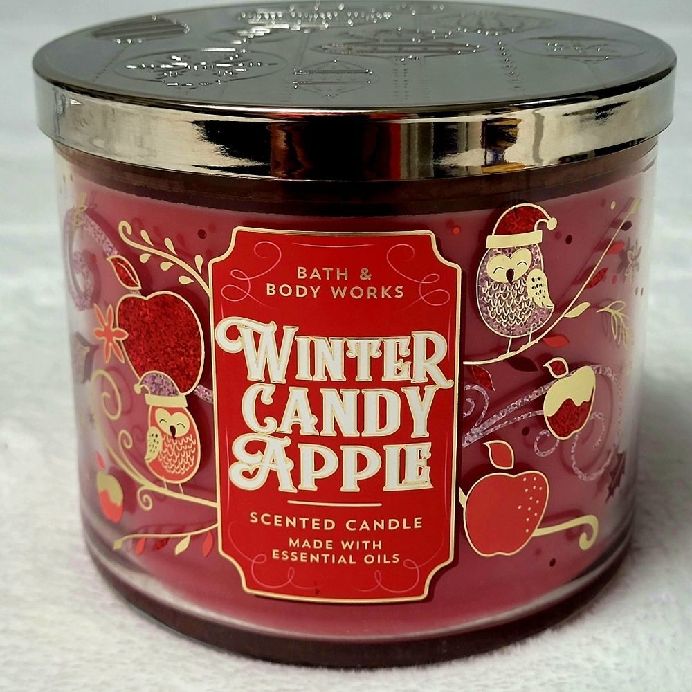 BBW 3 Wick Candle Winter Candy Apple WCA 14.5 Oz Christmas Ornament Lid New